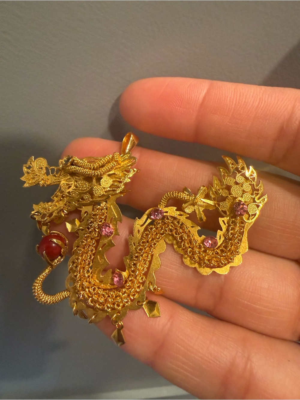 Vintage Chinese Gold-Tone Dragon Pendant Necklace with Pink Accents